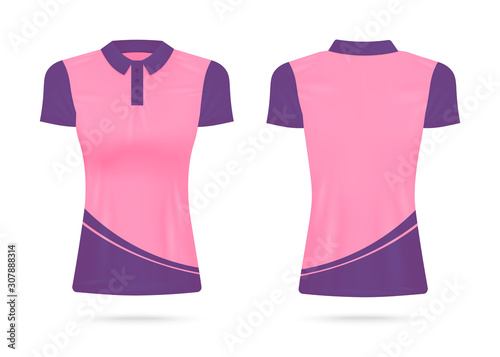 Women polo shirt in pink and purple mockup realistic vector illustration isolated.