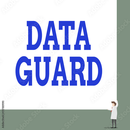 Text sign showing Data Guard. Business photo showcasing analysisage databases to survive disasters and data corruptions Front view young woman holding two hands right corner big blank rectangle