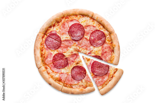 Delicious pizza with salami, ham, mozzarella and tomato sauce, isolated on white background