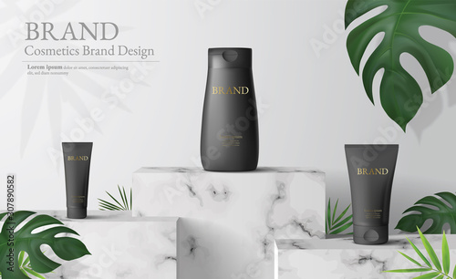 White marble Square podium in white background. decor by monstera leaves and blank Brand product mockup scene stage for ads product, sale, banner, presentation, cosmetic, offer. 3d illustration vector