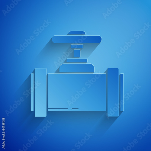 Paper cut Industry metallic pipes and valve icon isolated on blue background. Paper art style. Vector Illustration