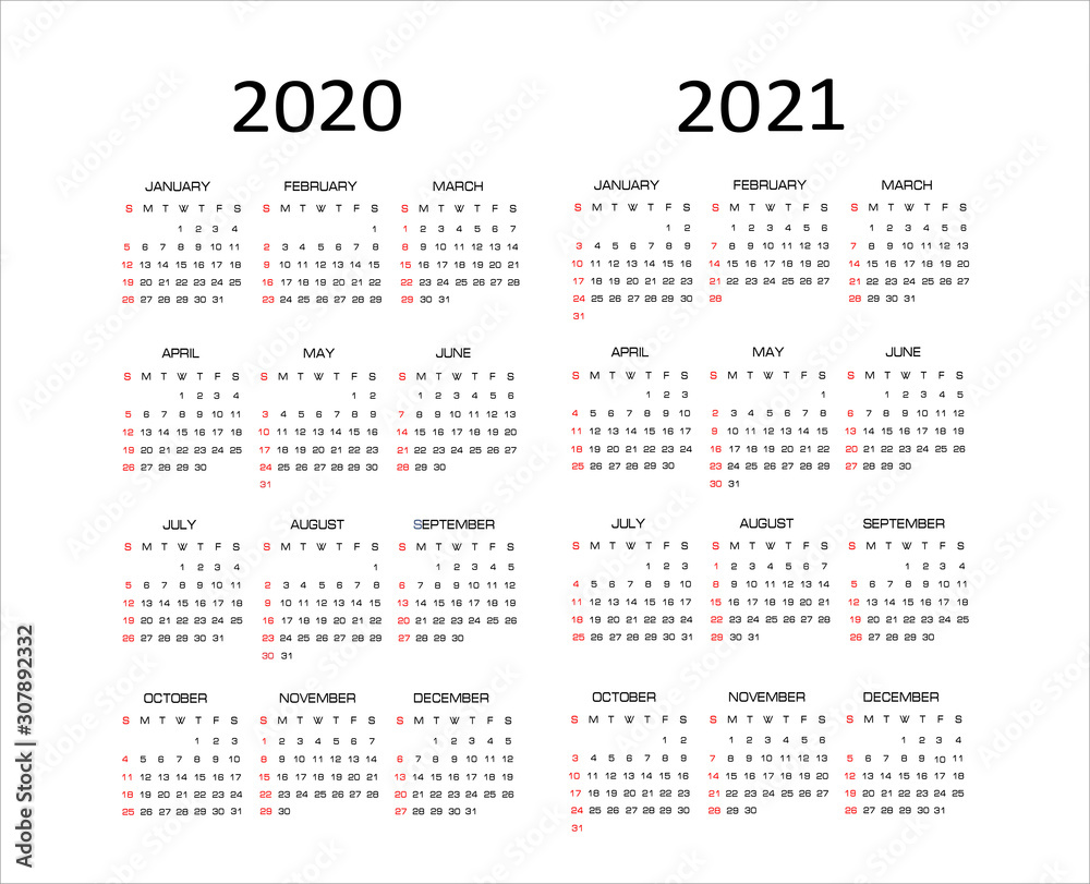 Calendar 2020, 2021, 2022, vector illustration. Week starts on Sunday.