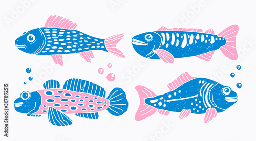 Linocut print style. Abstract fresh and saltwater fish. Paper cut scandinavian style. Flat design. Hand drawn blue nad pink vector set. Modern trendy illustration. All elements are isolated