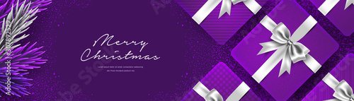 Purple christmas greeting horizontal banner, 3d realistic gift boxes, fir branch, background vector template