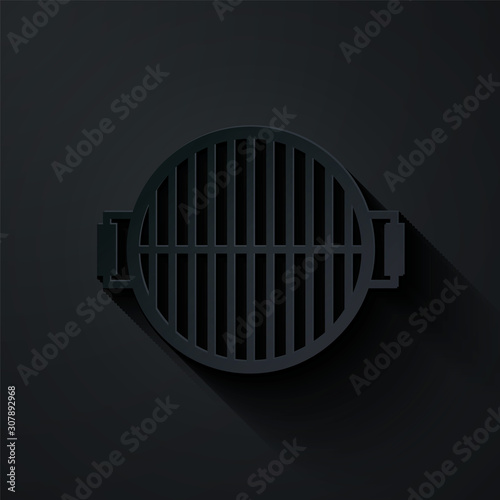 Paper cut Barbecue grill icon isolated on black background. Top view of BBQ grill. Steel grid. Paper art style. Vector Illustration