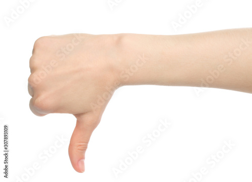 Woman hand, dislike on white background