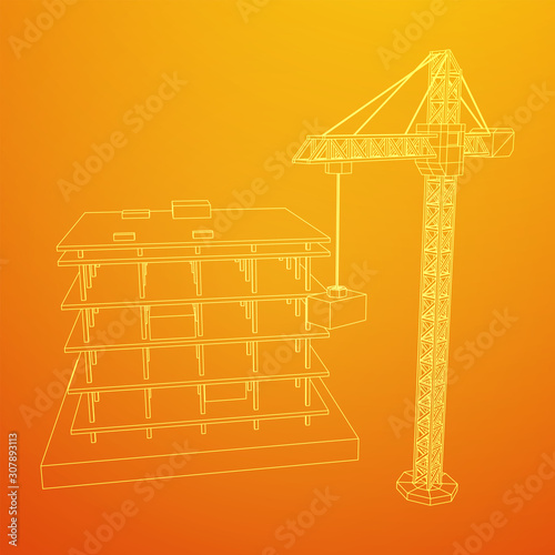 Building under construction with crane. Build house construct in process. Wireframe low poly mesh vector illustration