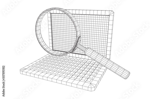 Magnifying glass in front of laptop screen. Business internet surfing, Analysis search concept. Wireframe low poly mesh vector illustration