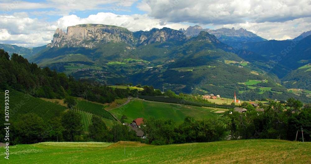 South Tyrol, Bolzano, Italy. View of the Dolomite Alps and the valley.