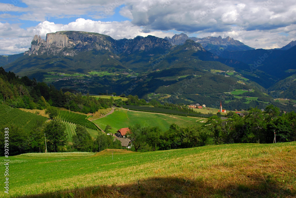 South Tyrol, Bolzano, Italy. View of the Dolomite Alps and the valley.