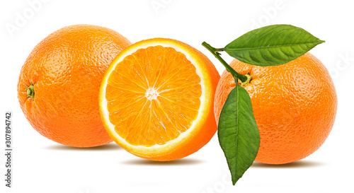Fresh oranges with leaves isolated on white background with clipping path