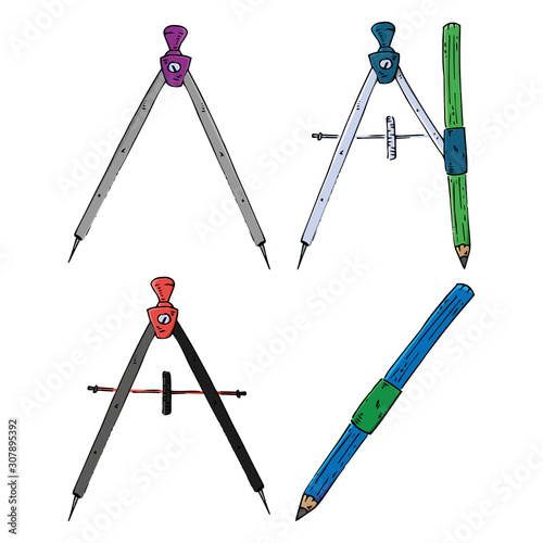 Set of compasses for sketching. Vector illustration set of compasses and pencils. Hand drawn  set of compasses.
