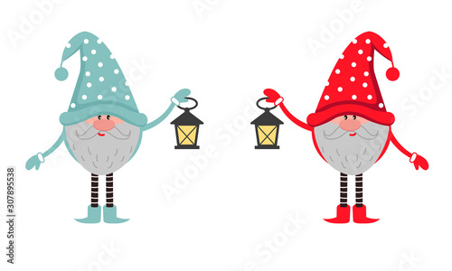 Cute funny dwarf in a hat holding a lantern. A small leprechaun with a beard.