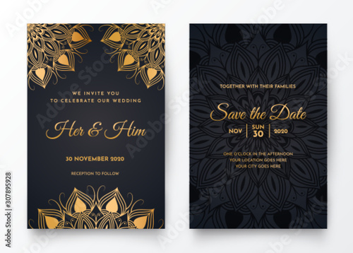Elegant wedding invitation with golden mandala element