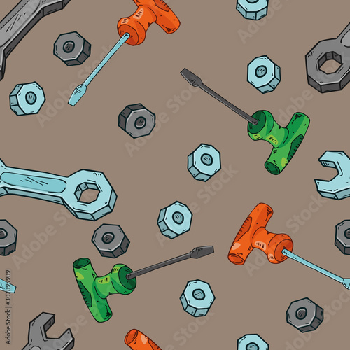 Tools seamless pattern. Vector illustration set of wrenches, bolts, screwdriver seamless pattern. Background from the tools a screwdriver, bolts, wrench.
