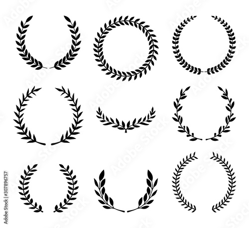 Set of various laurel wreaths. Award, achievement, victory, Gerd. Vector illustration on a white background.