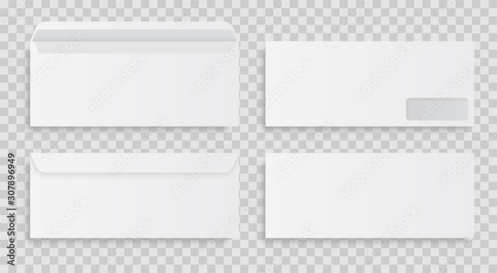 Layout of standard white envelopes front and back. Empty envelope layouts with transparent juice. Vector illustration of a blank white envelope on a gray background