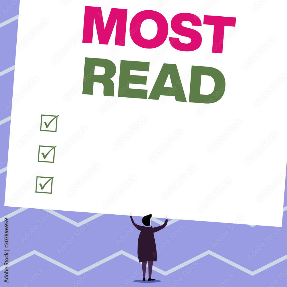Handwriting text writing Most Read. Conceptual photo a piece of literature or writing considered important or classic Man stands in back view under huge empty blank big tilted rectangle board