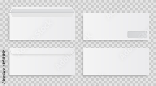 Layout of standard white envelopes front and back. Empty envelope layouts with transparent juice. Vector illustration of a blank white envelope on a gray background