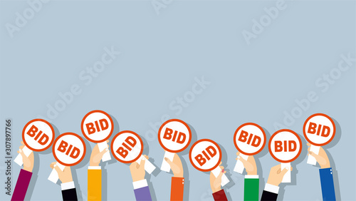 Hands holding auction paddle. VectorIllustration