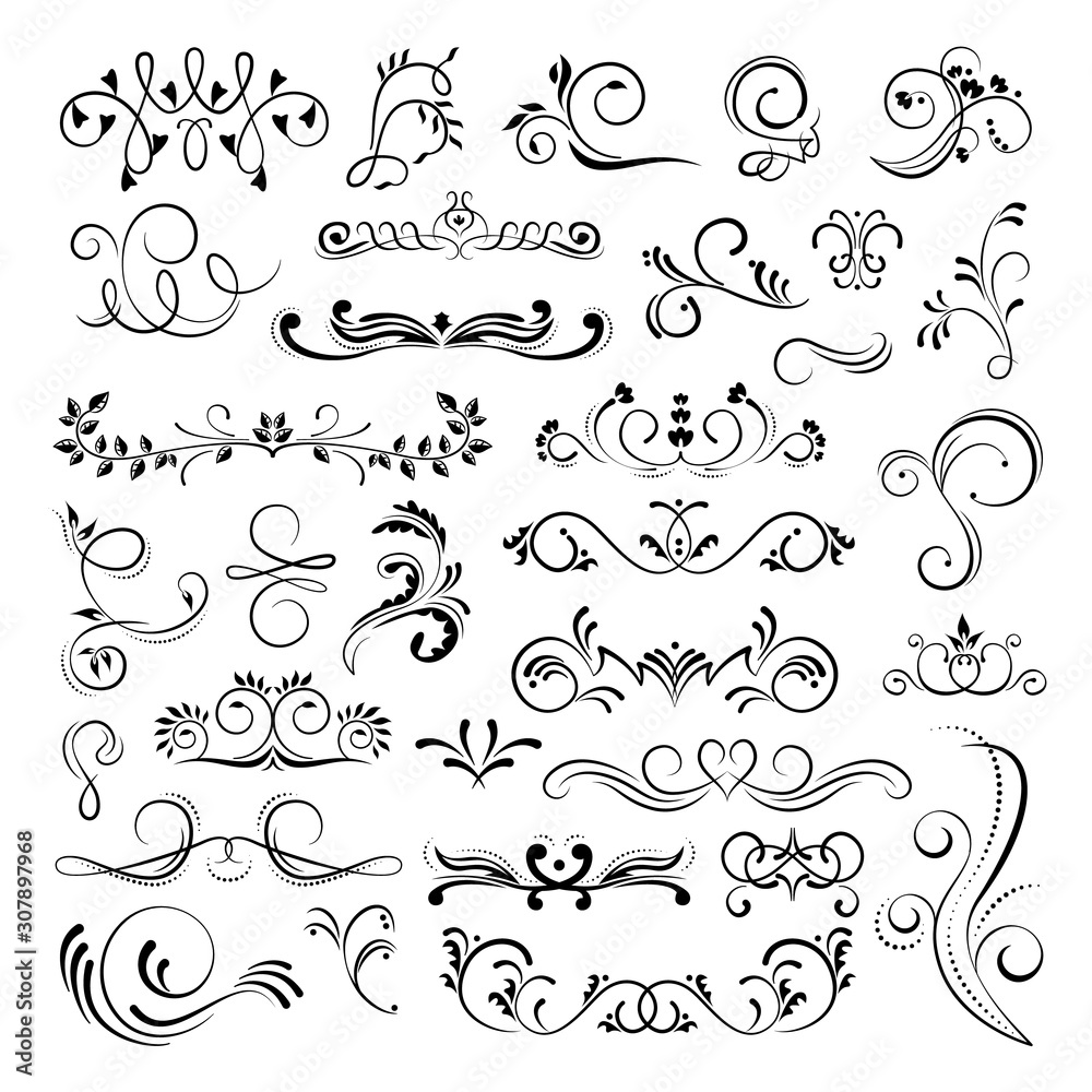 Set of ornamental filigree flourishes and thin dividers on white background
