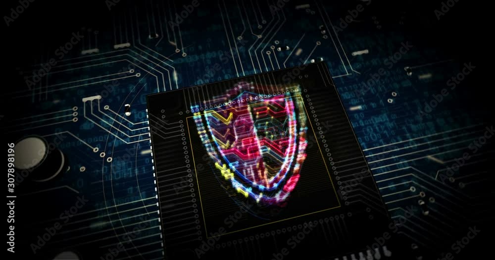 Cyber security with shield symbol futuristic hologram 3D rendering animation. Dynamic concept of computer protection and internet safety digital background. Abstract flying inside cyberspace.