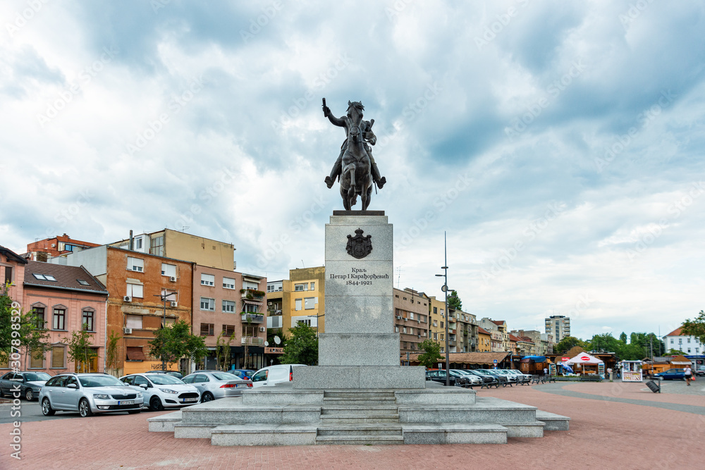 Novi Sad, Serbia August 16, 2019: Monument of King Petar I Karadjordjevic in Novi Sad, Serbia. It was set up to commemorate the 100th anniversary of the accession of Vojvodina to Serbia.