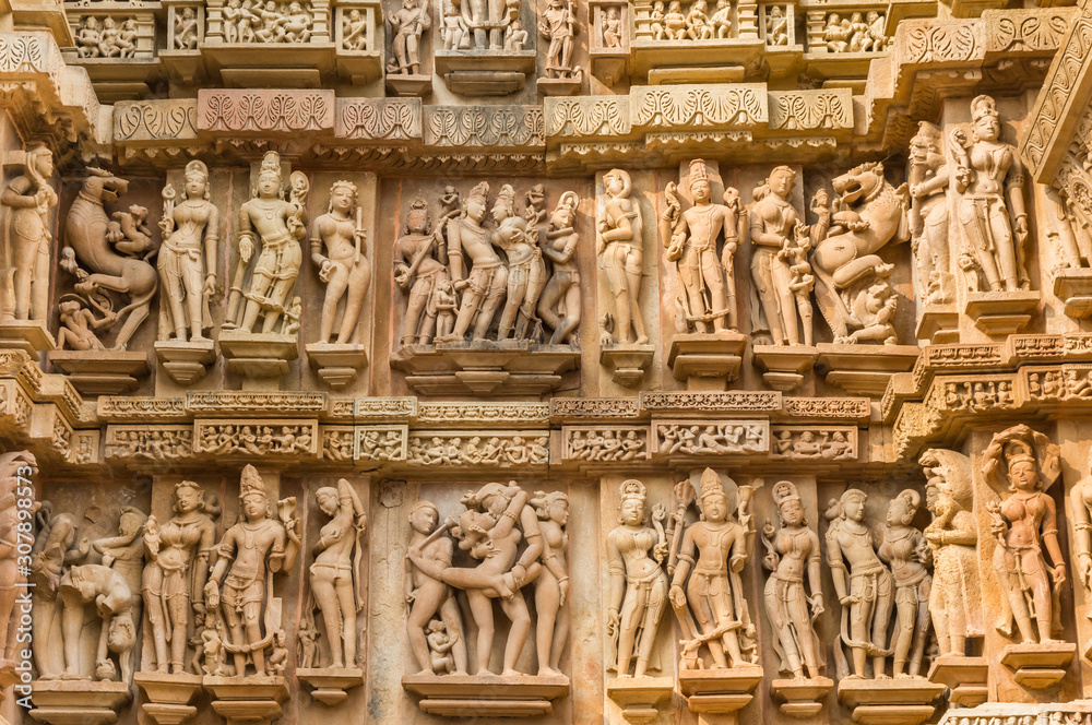 Detailed sculpture of the erotic temples in Khajuraho, India
