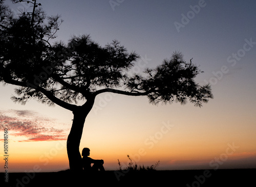 the silhouette of a woman sitting under a tree at sunrise