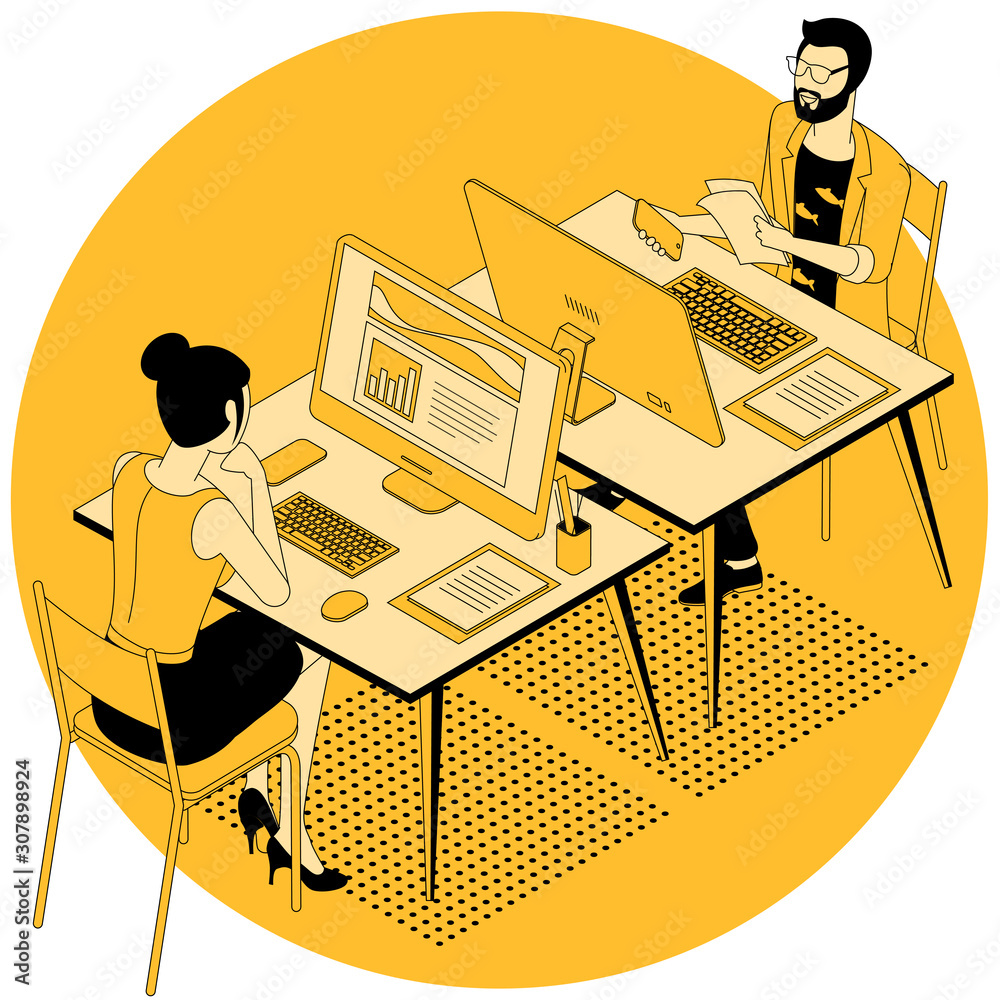 Φωτογραφία Black and yellow flat design isometric vector illustration of business communication in modern office