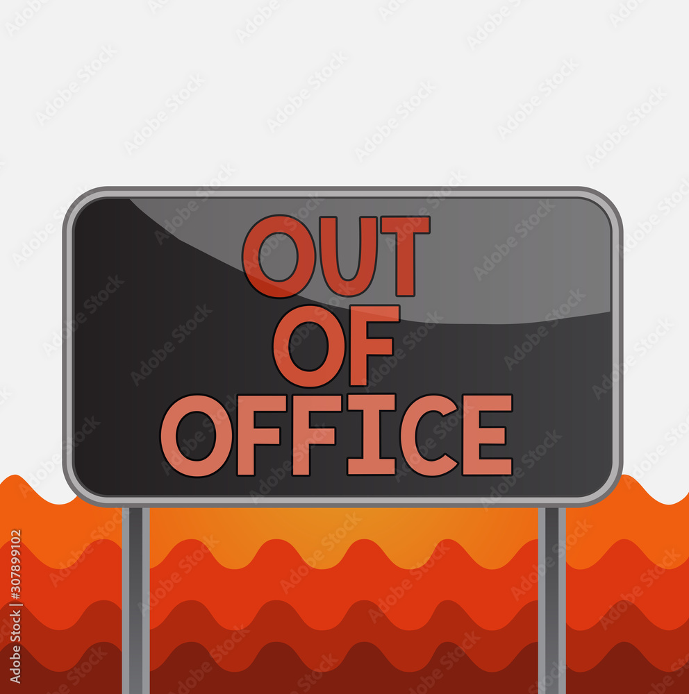 Conceptual hand writing showing Out Of Office. Concept meaning Outside the job Nobody in business Break Leisure Relax time Metallic pole empty panel plank colorful backgound attached