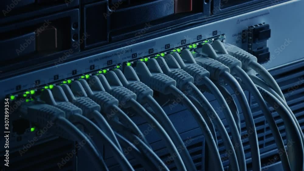 Macro Shot: Person Plugs in RJ45 Internet Connector into LAN Router Switch. Information Communication Network with Data Cables Connected to Modem Ports with Flashing Lights