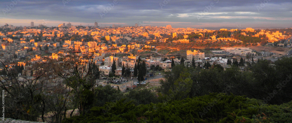 Jerusalem panorama at sunrise time. Holly land. Christ grave. Christianity.  Pilgrims