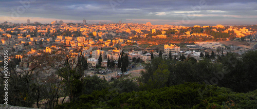 Jerusalem panorama at sunrise time. Holly land. Christ grave. Christianity. Pilgrims