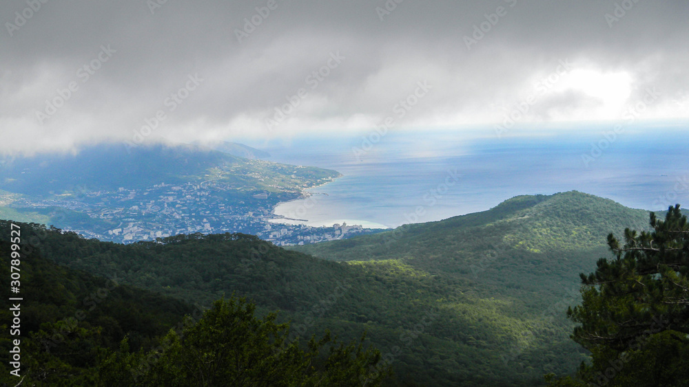 Crimean mountains sea panorama. Ai-Perti point. Paradise view. Summer resort Crimean mountains sea panorama. Ai-Perti point. Paradise view. Summer resort