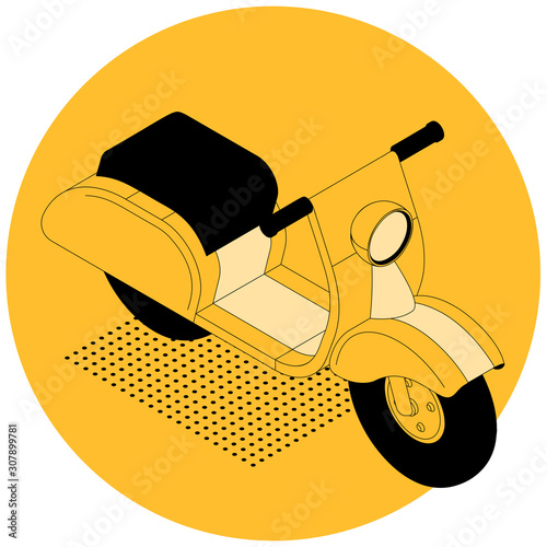 Flat design two color black and yellow 3d isometric illustration of modern trebdy electric scooter, template for branding and advertising, icon, banner web page, presentation and mobile app.