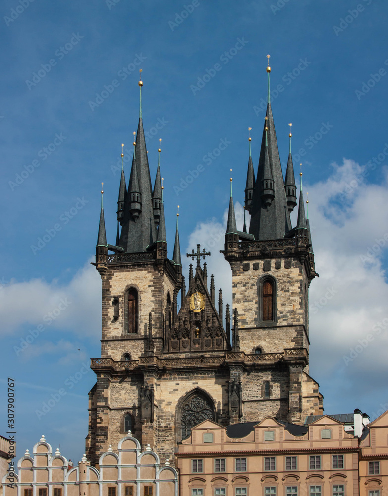 Chrám Matky Boží před Týnem, or Church of Our Lady before Týn, is a 14th-century landmark with 80m towers, ornately carved exteriors & a baroque altarpiece in Prague, Czech Republic.