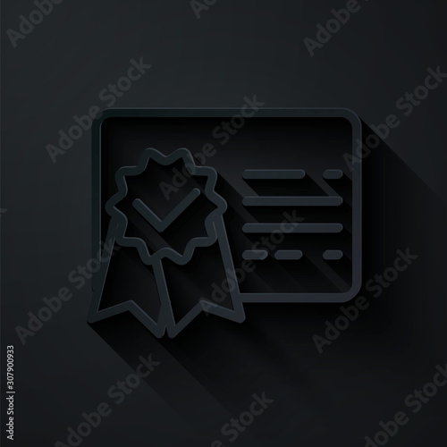 Paper cut Certificate template line icon isolated on black background. Achievement, award, degree, grant, diploma. Business success certificate. Paper art style. Vector Illustration