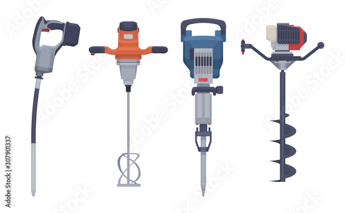 Vector power tool set. Isolated vibrator mixer jackhammer. Flat illustration