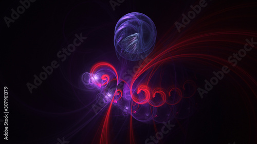 Abstract violet and red glowing shapes. Fantasy light background. Digital fractal art. 3d rendering.