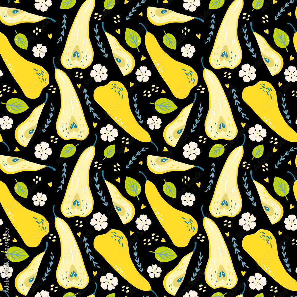 Naklejka premium Pattern with sweet yellow pears with leaves, flowers, branches. Organic healthy fruits on black background. Cartoon illustration. Perfect for wrap paper, wallpaper, background, fabric print.