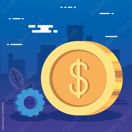 Coin gear and leaf design, Money finance commerce market payment invest and buy theme Vector illustration