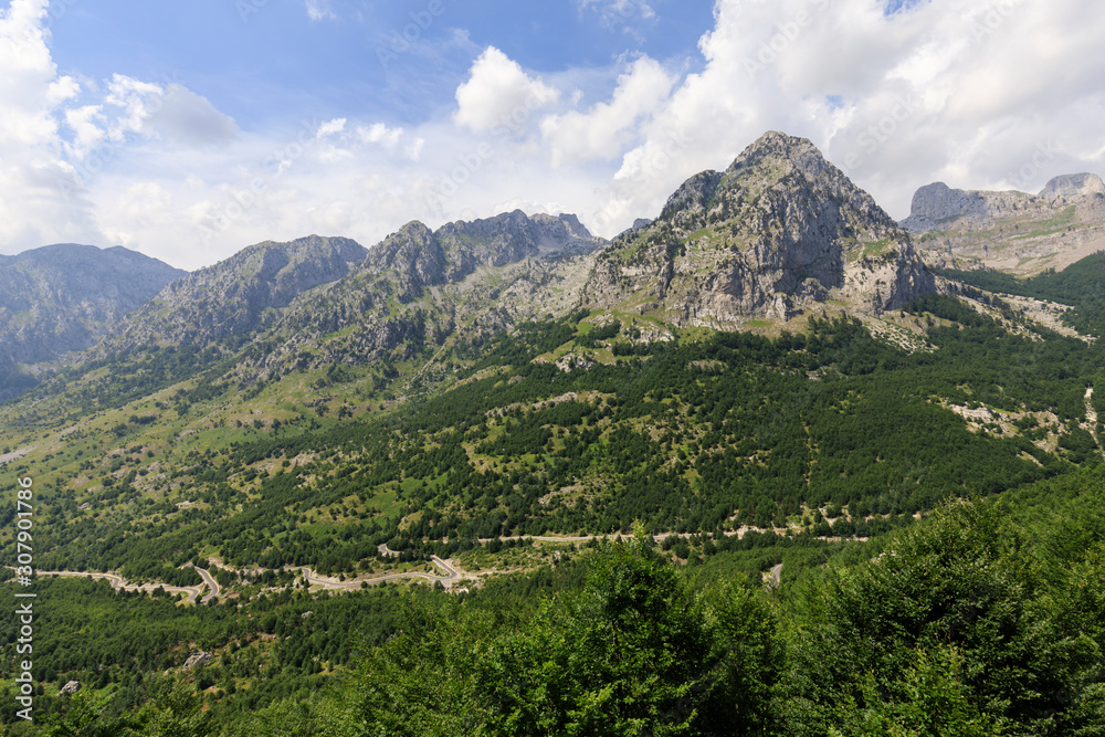 Fototapeta premium Fertile landscape in the dinaric alps with green forests on the way from shkodar to theth in Albania