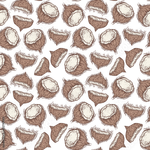 Coconut seamless pattern. Vector drawing. Isolated coconut sketch . Tropical fruit engraved style background. Detailed hand drawn vegetarian food. Great for packaging design, tea or juice label