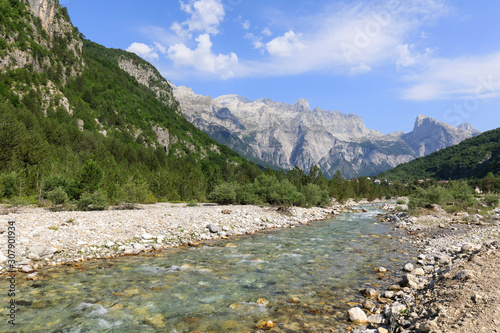 Valley of Theth with a river in the dinaric alps in Albania