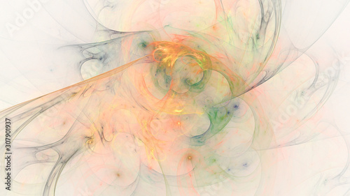 Abstract transparent green and orange crystal shapes. Fantasy light background. Digital fractal art. 3d rendering.