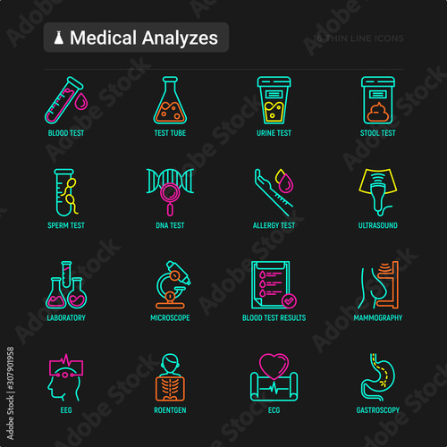 Medical analyzes thin line icons set: blood test, urine test, stool, ECG, mammography, sperm, DNA, ultrasound, EEG, X-ray, gastroscopy. Vector illustration for laboratory web page.