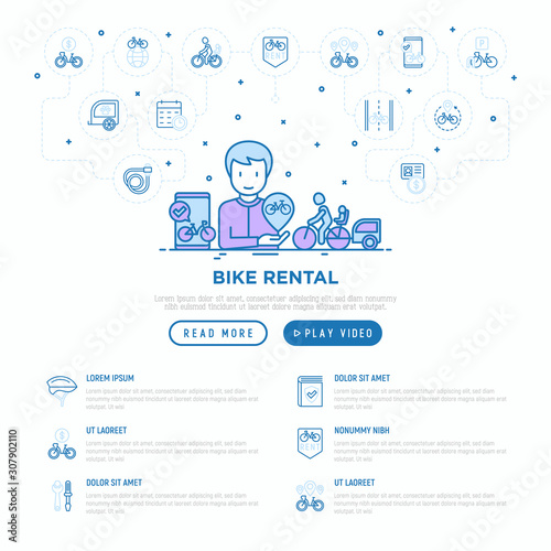 Bike rental mobile app. Web page template with thin line icons: rates, bicycle tours, pet trailer, padlock, helmet, child seat, sharing, pointer, deposit, mobile app. Modern vector illustration.