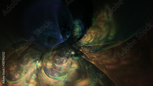 Abstract green and golden blurred shapes. Fantasy light background. Digital fractal art. 3d rendering.
