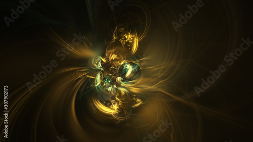 Abstract transparent gold and green crystal shapes. Fantasy light background. Digital fractal art. 3d rendering.